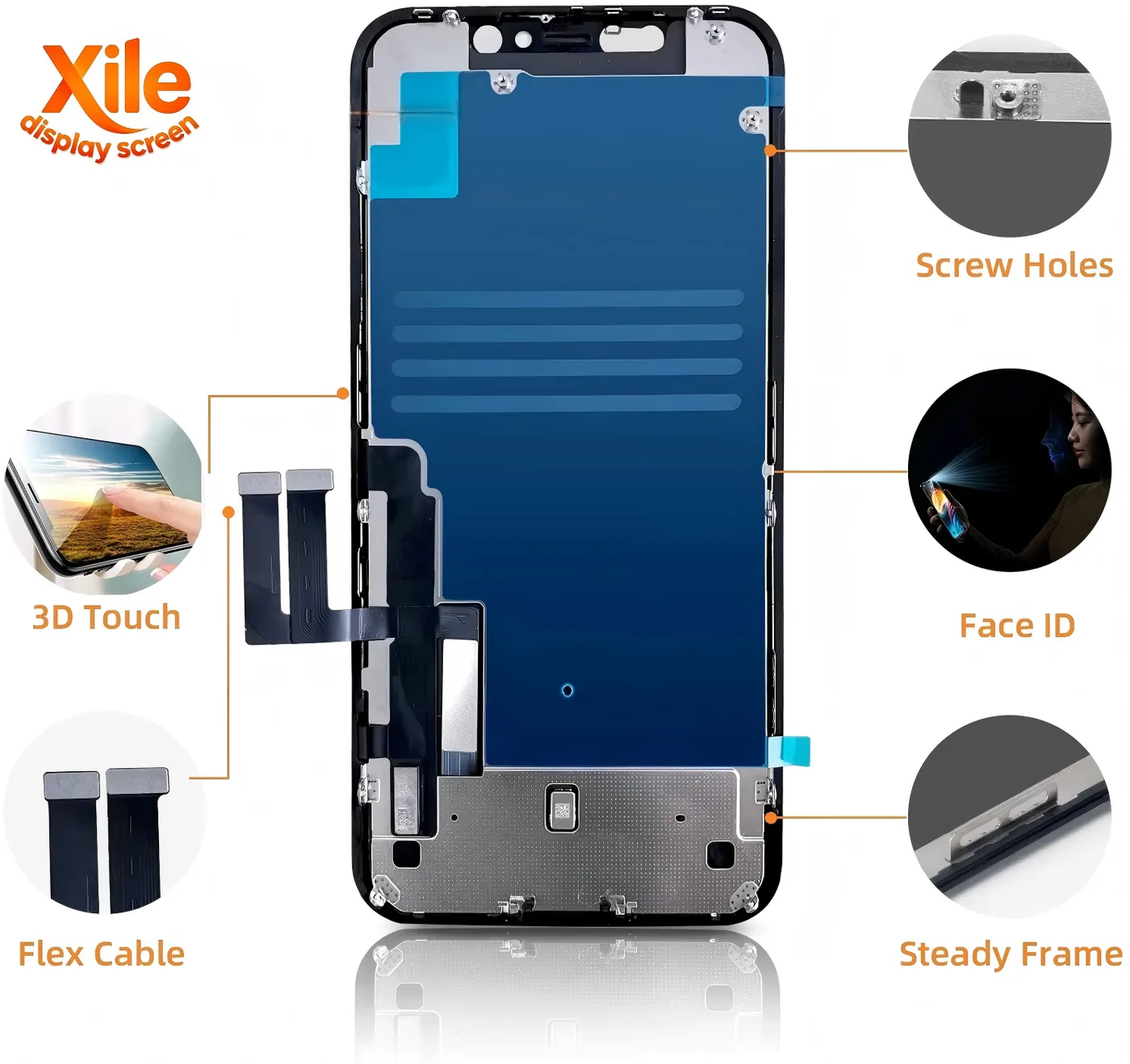 Anatomi LCD Xile: flex cable, 3D touch, lubang baut, Face ID, rangka kokoh